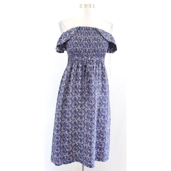 NWT Apiece Apart Lamu Blue Silk Smocked Ruffle Off the Shoulder Midi Dress Sz 2 - Picture 1 of 7